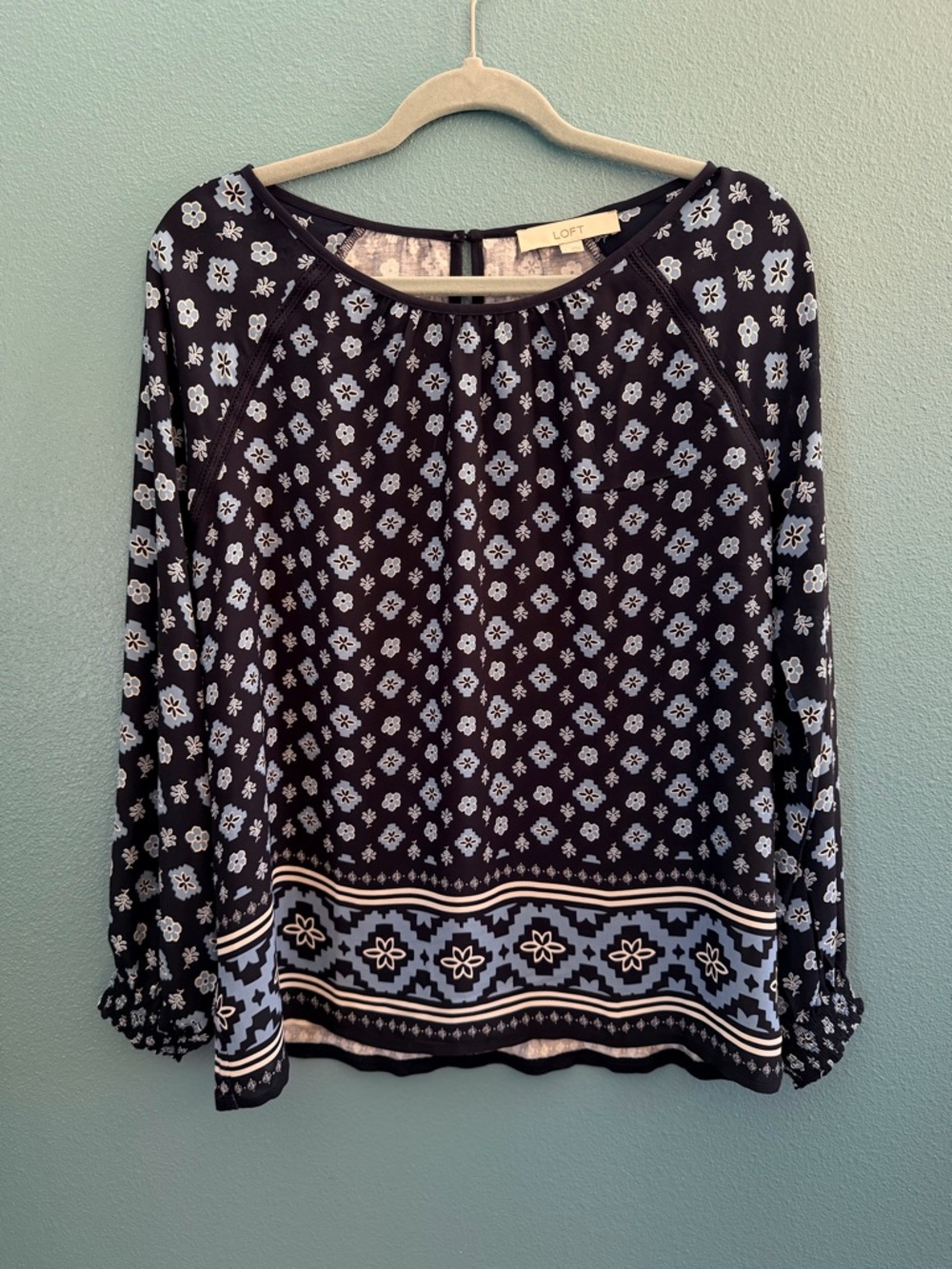 LOFT Navy & Light Blue Floral Border-Print Blouse